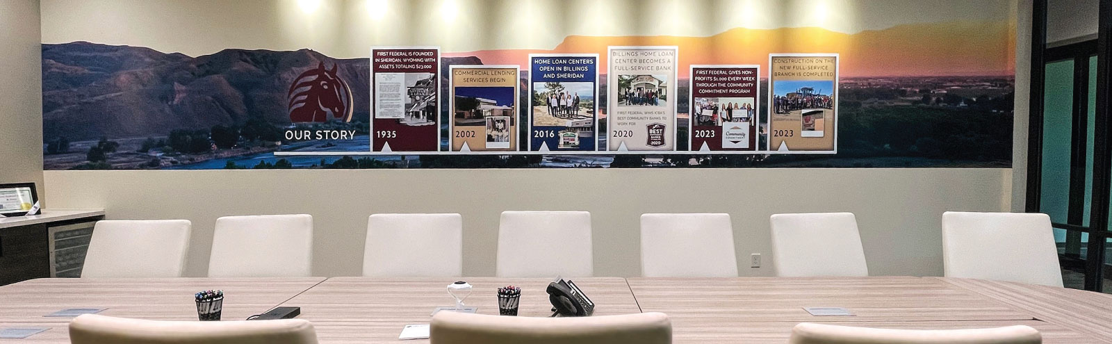 View of the bank's timeline in the Billings boardroom.