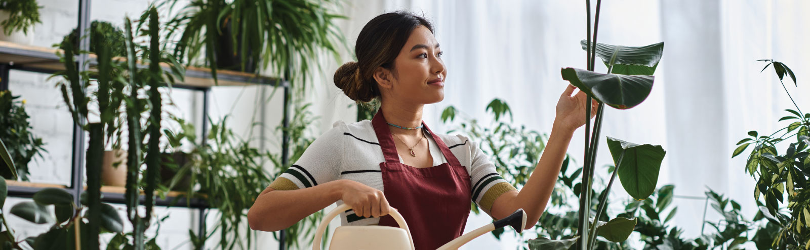 Plant nursery owner in a burgundy apron 