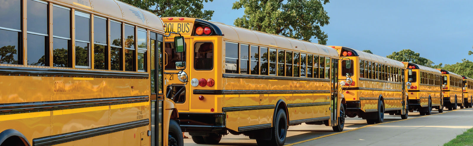 Yellow school busses lined up next to sidewalk.