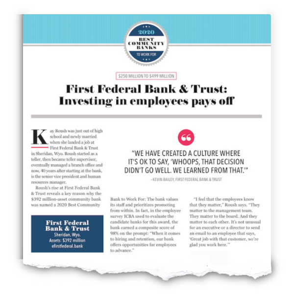 2020 ICBA Best Community Banks to Work For article about First Federal.
